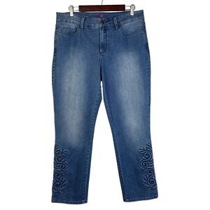 NYDJ IRA Jeans Womens Size 12 Relaxed Ankle Embossed Scroll Pattern Boho